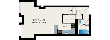 Studio floor plan at Reside on Wellington
