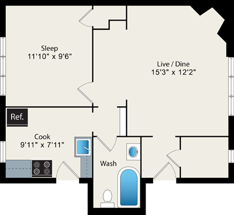 1 Bed 1 Bath Floor Plan at Irving Courts by Reside Apartments, Chicago, IL