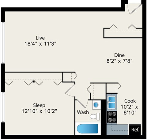 1 bedroom floor plan at Reside on Pine Grove