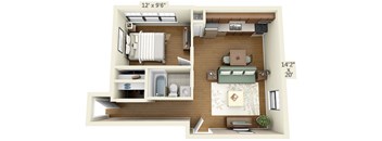 1 bedroom floor plan at the Belmont by Reside Flats