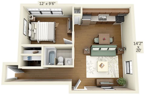 1 bedroom floor plan at the Belmont by Reside Flats