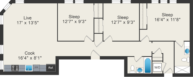 3 bedroom floor plan at 5425 N Clark Apartments