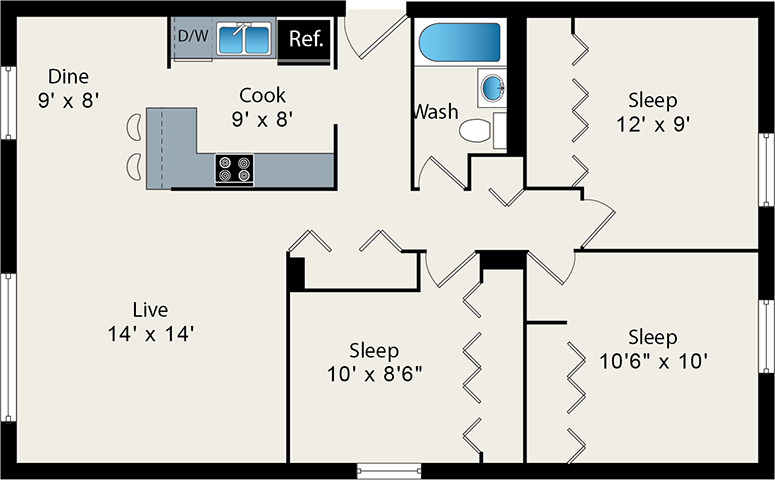 Three Bedroom Floor Plan at Reside on Barry