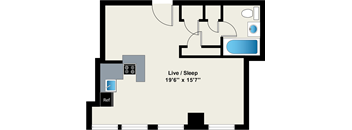 A floor plan of a room with a living area, sleeping area, and a reference symbol.
