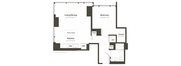 A floor plan of a small apartment with a living/dining area, kitchen, and bedroom.