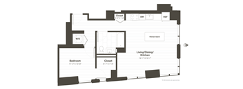 A floor plan of a small apartment with a bedroom, living room, kitchen, and closet.