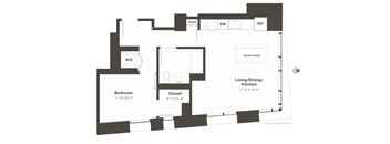 A floor plan of a small apartment with a bedroom, living/dining/kitchen area, and a closet.