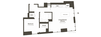 A floor plan of a small apartment with a bedroom, living/dining/kitchen area, and a closet.