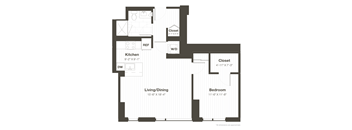 A floor plan of a small apartment with a kitchen, living room, and bedroom.