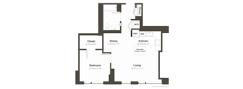 A floor plan of a house with a living room, dining room, kitchen, bedroom and closet.