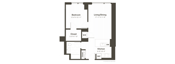 A floor plan of a small apartment with a bedroom, living/dining area, kitchen, and closet.