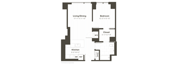 A floor plan of a small apartment with a living/dining area, kitchen, bedroom, and closet.