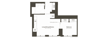 A floor plan of a small apartment with a living room, dining room, kitchen, and two closets.
