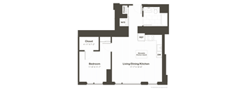 A floor plan of a room with a bed, closets, a kitchen island, and a living/dining area.