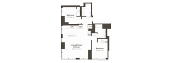 A black and white image of a floor plan for a two bedroom apartment.
