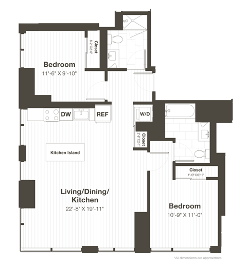 2 Bed 2 Bath Floorplan at State & Chestnut Apartments, 845 N State St, Chicago