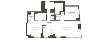 A black and white image of a floor plan for a home with four bedrooms, a kitchen, a living/dining area, and two closets.