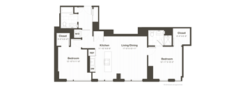 A black and white image of a floor plan for a house with a living room, kitchen, two bedrooms, and a closet.