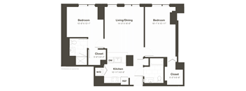 A black and white image of a floor plan for a house with two bedrooms, a living/dining area, a kitchen, a closet, and a bathroom.