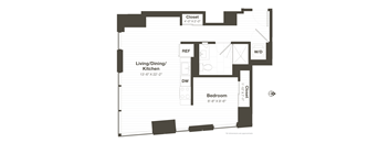 A floor plan of a small apartment with a living room, dining room, kitchen, and bedroom.