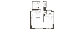 A black and white image of a floor plan for a small apartment.