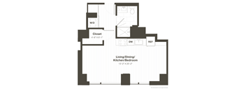 A floor plan of a house with a living room, kitchen, bedroom, and closet.