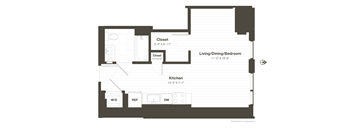 A floor plan of a house with a kitchen, living/dining/bedroom, and closet.