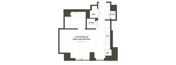 A floor plan of a living/dining/bedroom/kitchen area with approximate dimensions.