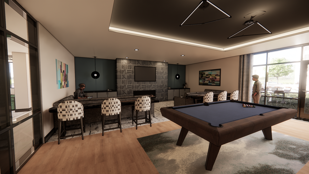 A room with a pool table and a television.