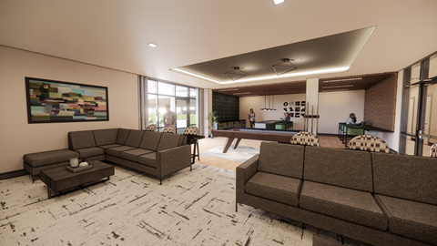 A living room with a brown couch and a coffee table.
