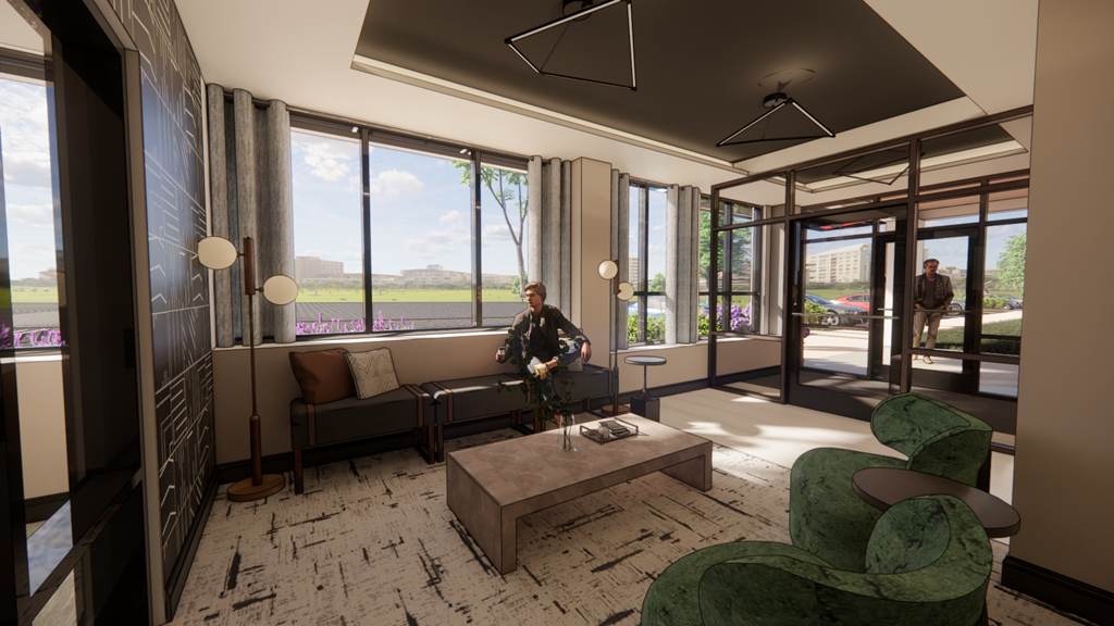 A woman is sitting on a couch in a room with a view of the outside.