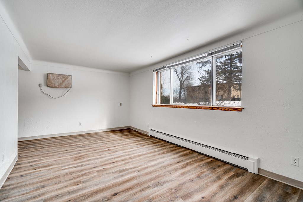 A room with a window and a radiator on the wall.