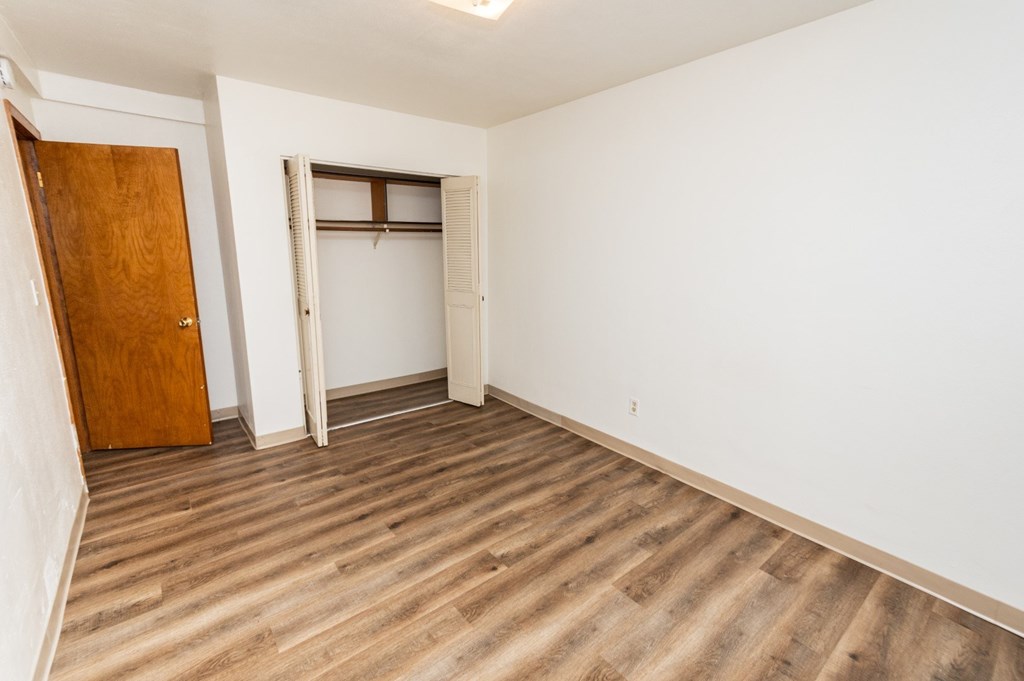 A room with a wooden floor and a brown door.
