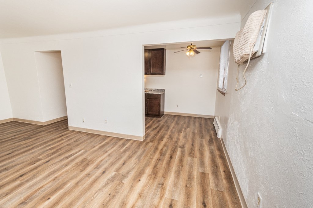 A room with wooden flooring and a small closet with a door.