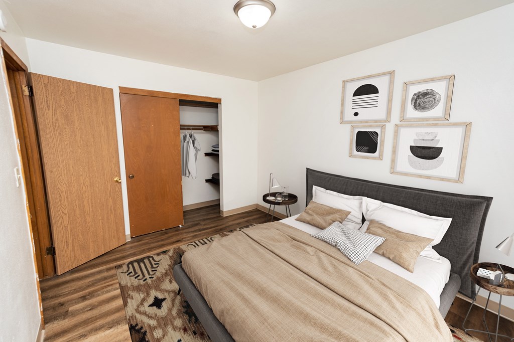 A bedroom with a bed, a rug, and a wardrobe.