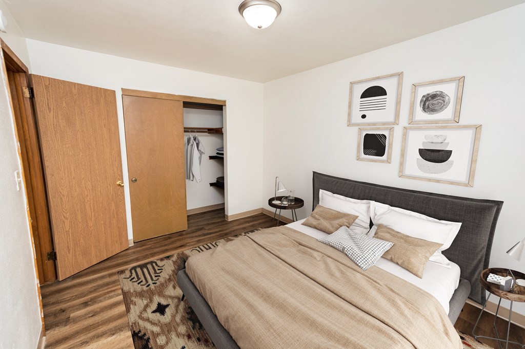 A bedroom with a bed, a rug, and a wardrobe.