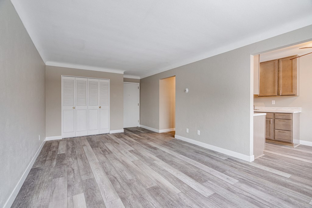 A room with a white door and a wooden floor.