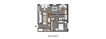A floor plan of a home with a living room, dining room, kitchen, and two bedrooms.