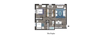 A floor plan of a house with a living room, dining room, kitchen, and two bedrooms.