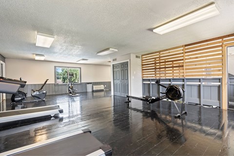 A room with a treadmill, a chair, and a plane on the floor.