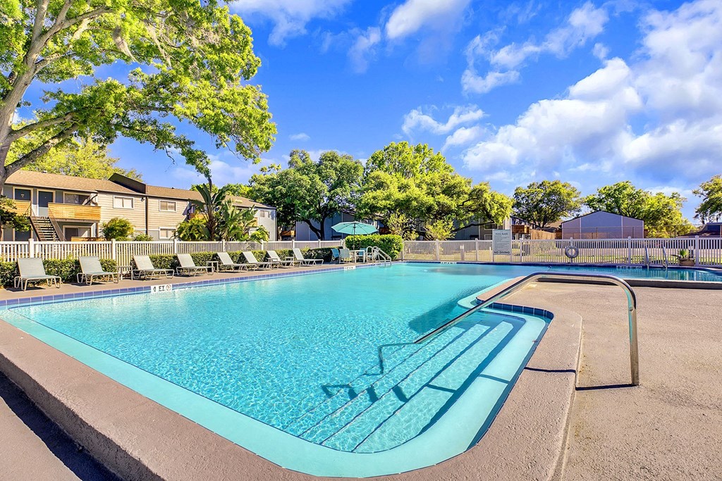 A large outdoor swimming pool surrounded by trees and lounge chairs.