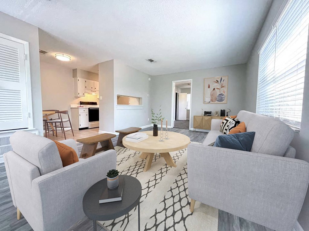 A living room with a grey couch, a coffee table, and a rug.