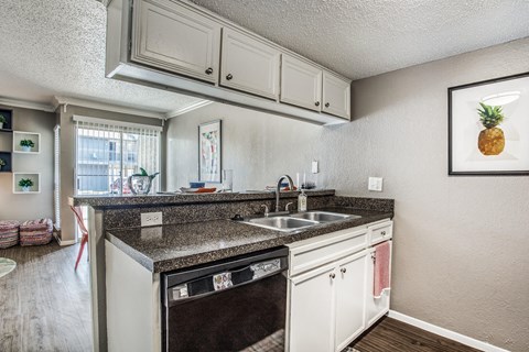 A kitchen with a black dishwasher and white cabinets.
