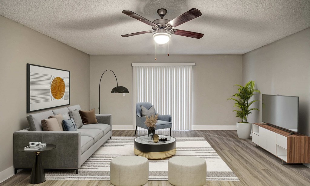 A living room with a grey sofa, a coffee table, a television, and a plant.