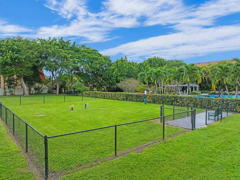 A green field surrounded by a fence with trees in the background.