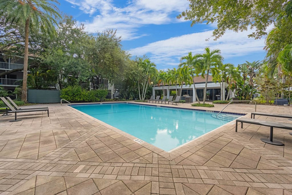 A swimming pool surrounded by a brick patio and palm trees.