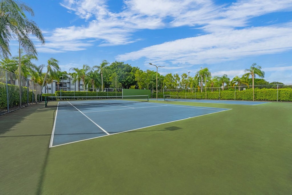 A tennis court surrounded by a fence and trees.