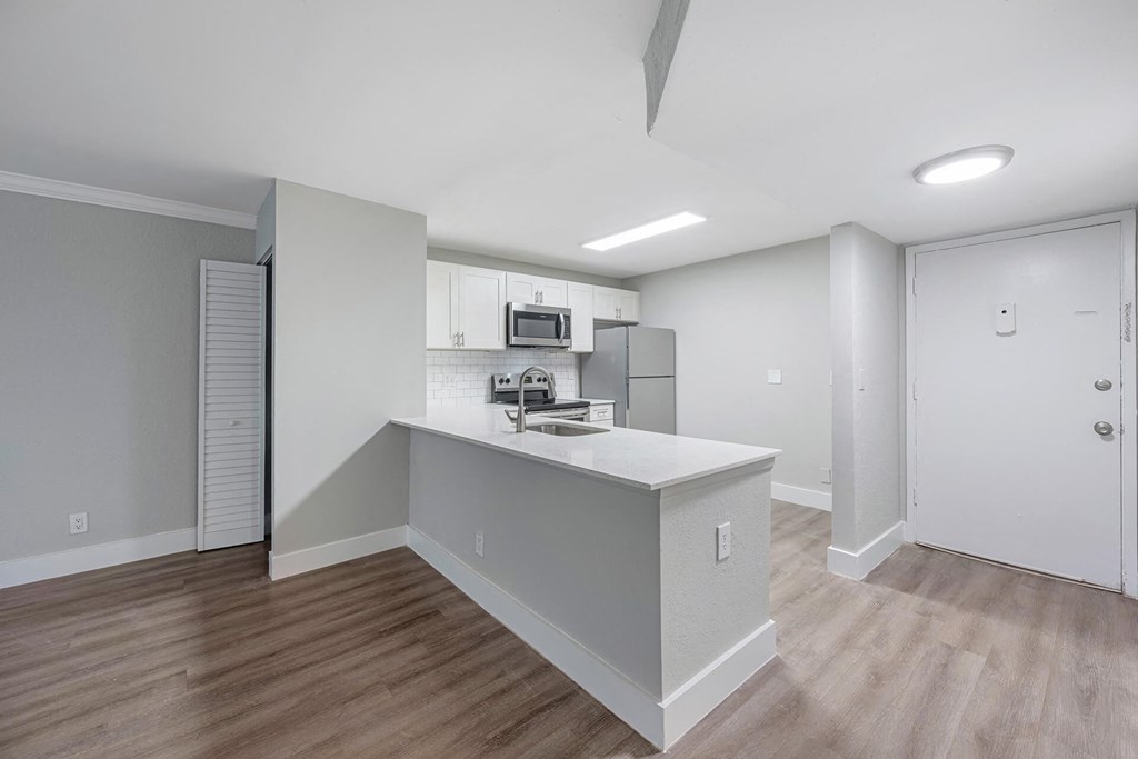 A kitchen area with a counter and cabinets.