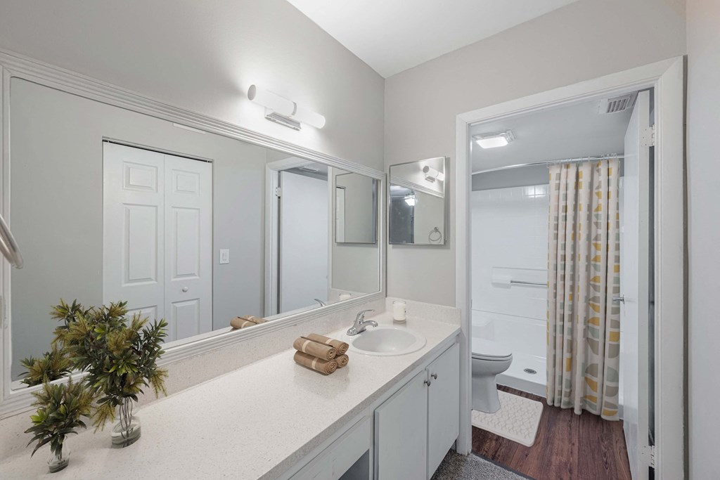 A bathroom with a white counter top and a mirror above it.