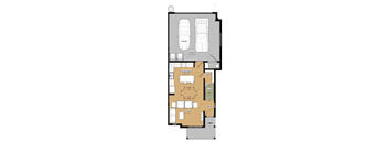 A floor plan of a house with a garage, living room, dining room, kitchen, and two bedrooms.